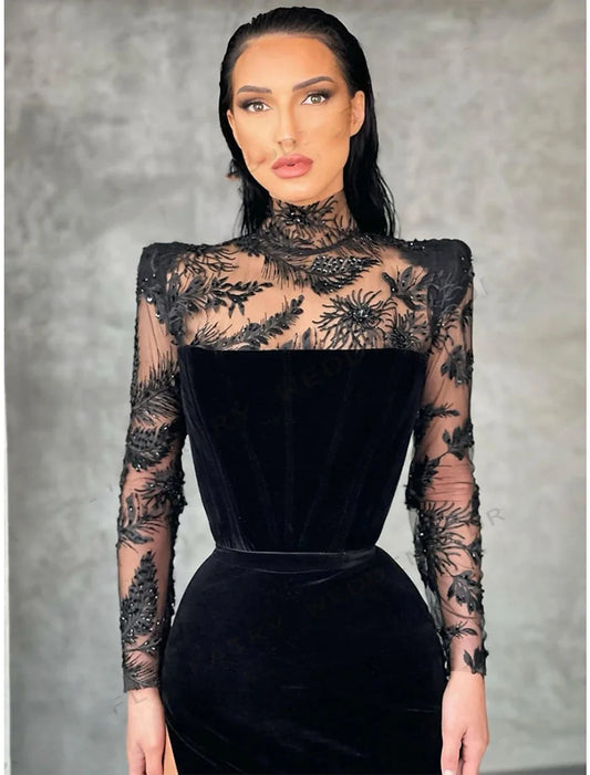 Sheath / Column Evening Gown Elegant Dress Formal Floor Length Long Sleeve High Neck Lace with Slit by YiHuiw