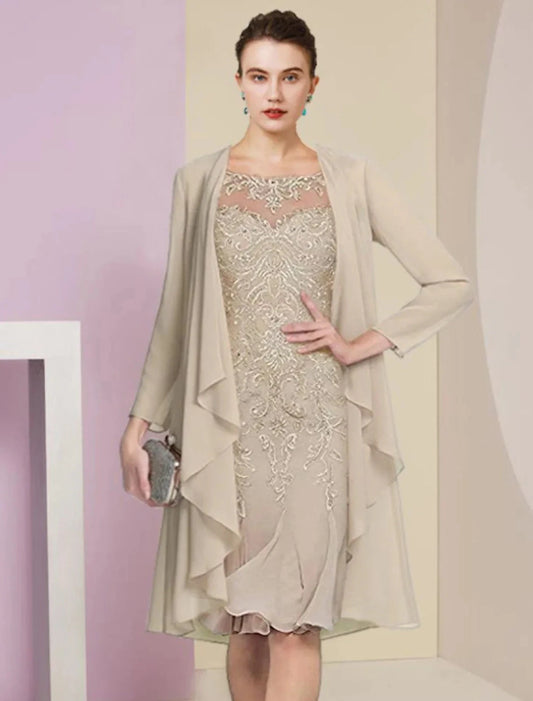 Two Piece Mermaid / Trumpet Mother of the Bride Dress Formal Wedding Guest Vintage Elegant Scoop Neck Knee Length Chiffon Lace Half Sleeve Jacket Dresses with Pleats Appliques by YiHuiw