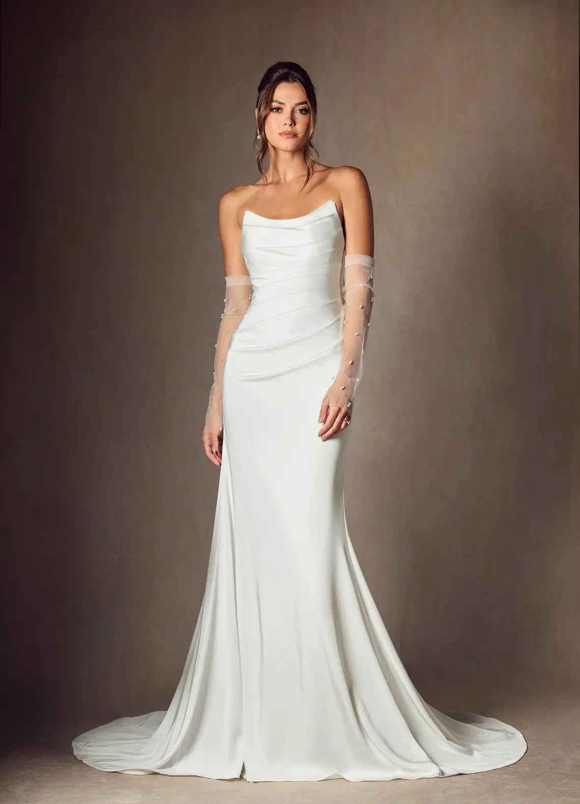 Strapless Ruched Bodice Satin Mermaid Wedding Dress with Chapel Train by YiHuiw