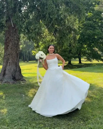 White Ball Gown Spaghetti Strap Satin Wedding Gown - Yihuiw by Yihuiw