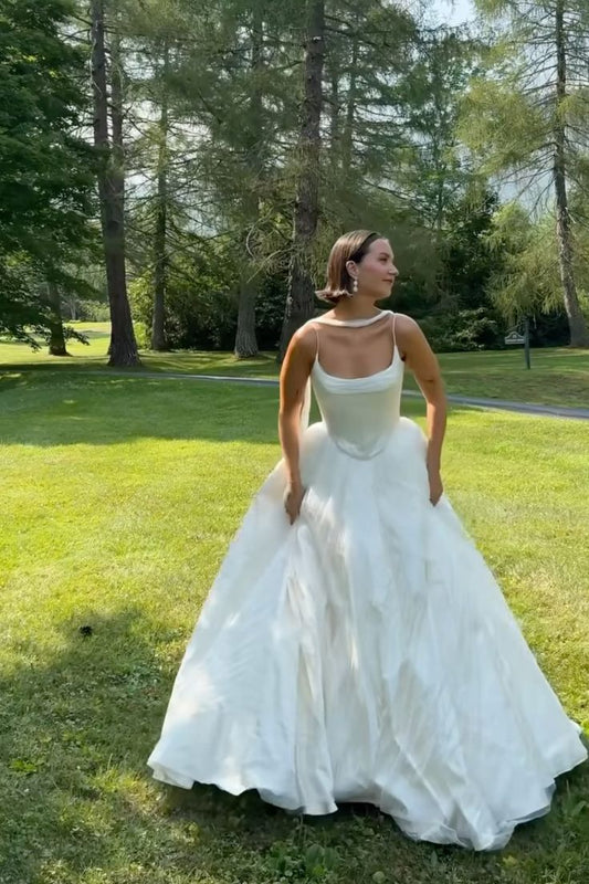White Ball Gown Spaghetti Strap Satin Wedding Gown - Yihuiw by Yihuiw