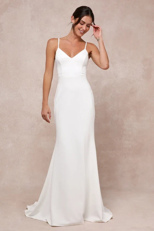 White Mermaid Spaghetti Strap Mini Wedding Gown - Yihuiw by Yihuiw