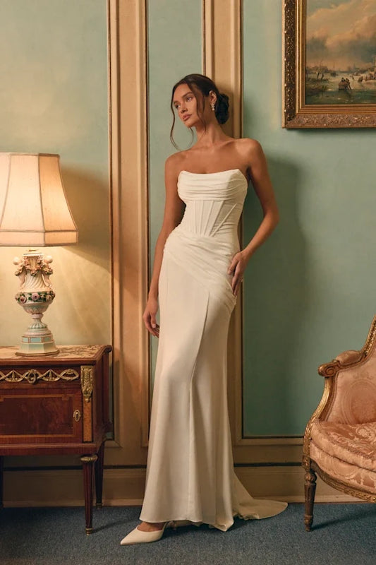 Mermaid Strapless Lace-Up Back Ruched Wedding Gown - Yihuiw by Yihuiw