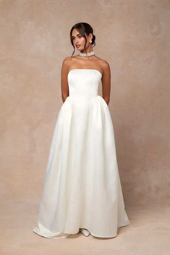 A-Line Strapless Satin Wedding Gown - Yihuiw by Yihuiw