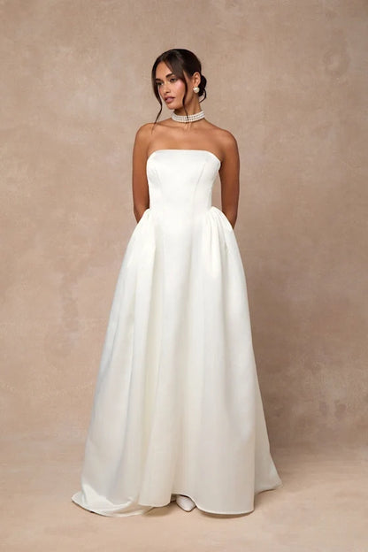 A-Line Strapless Satin Wedding Gown - Yihuiw by Yihuiw