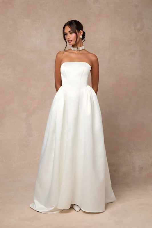 A-Line Strapless Satin Wedding Gown - Yihuiw by Yihuiw