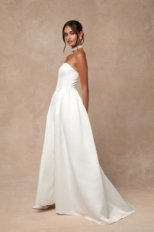 A-Line Strapless Satin Wedding Gown - Yihuiw by Yihuiw