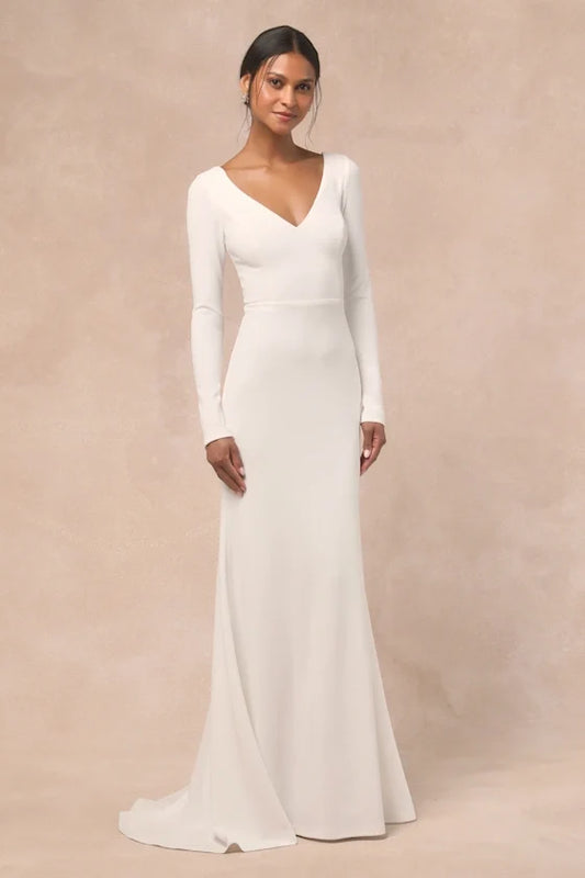 Mermaid V-Neck Long Sleeve Wedding Gown - Yihuiw by Yihuiw