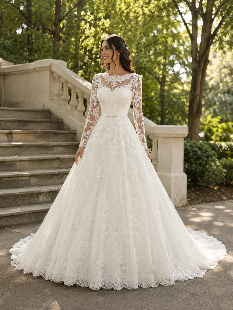Engagement Formal Fall Wedding Dresses Ball Gown Illusion Neck Long Sleeve Court Train Lace Church Bridal Gowns With Appliques Summer Wedding Party, Women‘s Clothing by YiHuiw