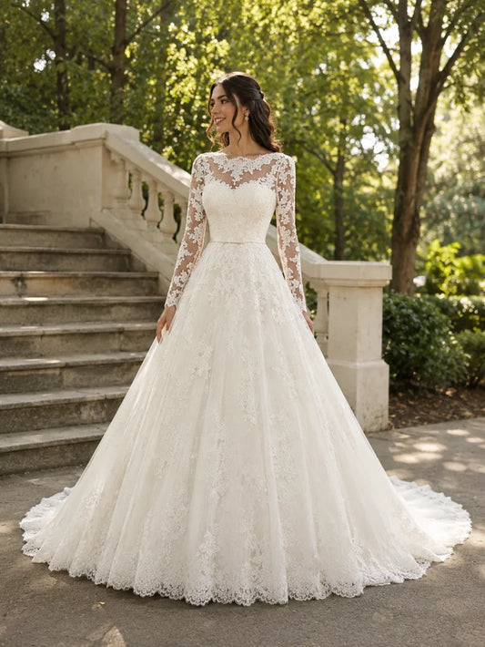 Engagement Formal Fall Wedding Dresses Ball Gown Illusion Neck Long Sleeve Court Train Lace Church Bridal Gowns With Appliques Summer Wedding Party, Women‘s Clothing by YiHuiw