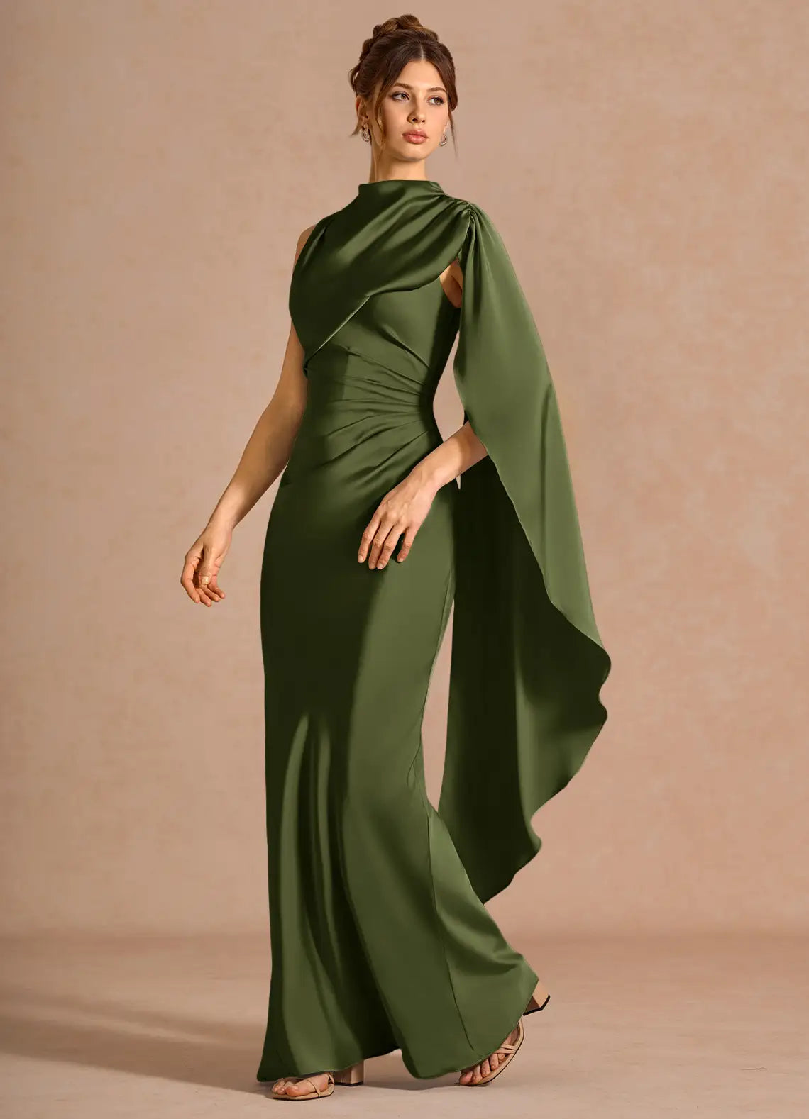 Mermaid High Neck Satin Draped Floor-Length Wedding Dress - Yihuiw by Yihuiw