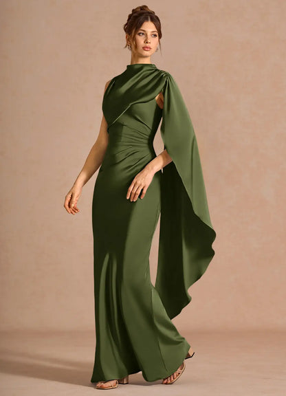 Mermaid High Neck Satin Draped Floor-Length Wedding Dress - Yihuiw by Yihuiw