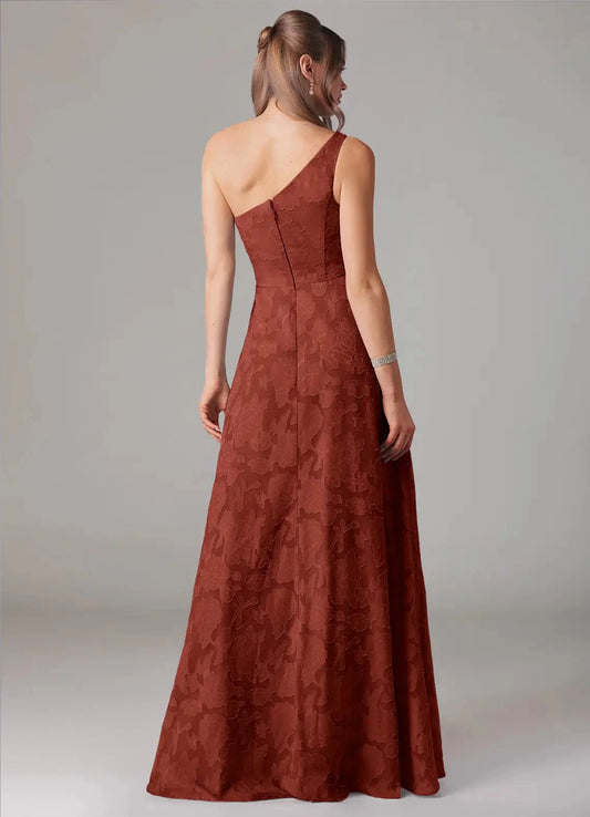 Rust One-Shoulder Jacquard Maxi Dress with Ruffled Side Slit Terracotta A-Line One Shoulder Floral Burnout Dress Bridesmaid Dresses by YiHuiw