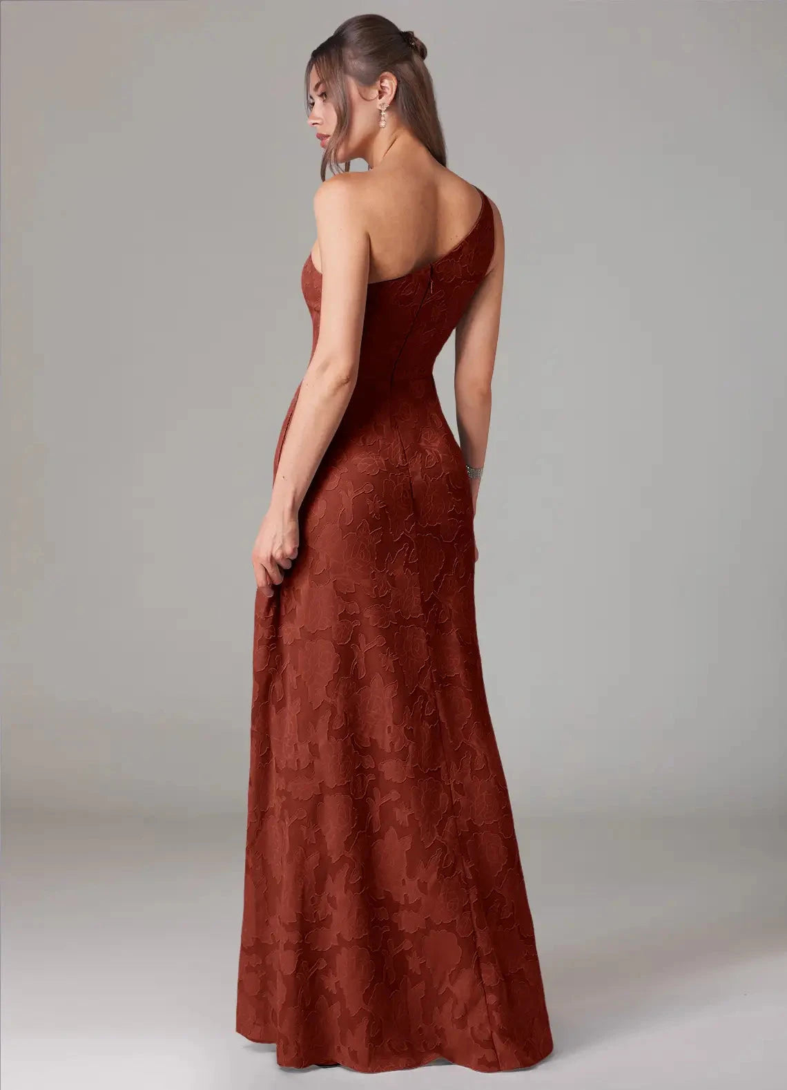 Rust One-Shoulder Jacquard Maxi Dress with Ruffled Side Slit Terracotta A-Line One Shoulder Floral Burnout Dress Bridesmaid Dresses by YiHuiw