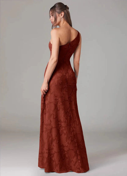 Rust One-Shoulder Jacquard Maxi Dress with Ruffled Side Slit Terracotta A-Line One Shoulder Floral Burnout Dress Bridesmaid Dresses by YiHuiw