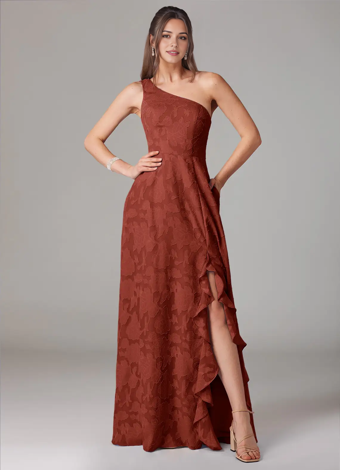 Rust One-Shoulder Jacquard Maxi Dress with Ruffled Side Slit Terracotta A-Line One Shoulder Floral Burnout Dress Bridesmaid Dresses by YiHuiw