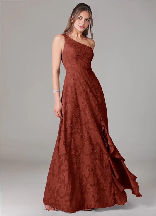 Rust One-Shoulder Jacquard Maxi Dress with Ruffled Side Slit Terracotta A-Line One Shoulder Floral Burnout Dress Bridesmaid Dresses by YiHuiw