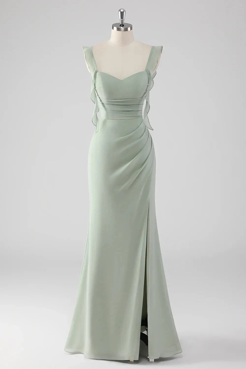 Sage Green Ruffled Sweetheart Neck Evening Gown Sage Green Ruffled Sheath Lace-Up Back Long Bridesmaid Dress with Slit Evening Dress by YiHuiw