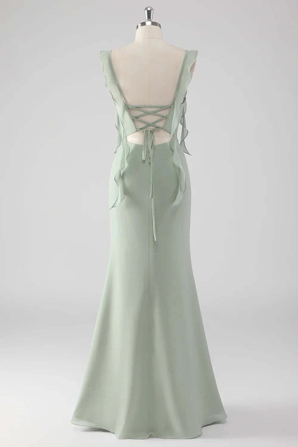 Sage Green Ruffled Sweetheart Neck Evening Gown Sage Green Ruffled Sheath Lace-Up Back Long Bridesmaid Dress with Slit Evening Dress by YiHuiw