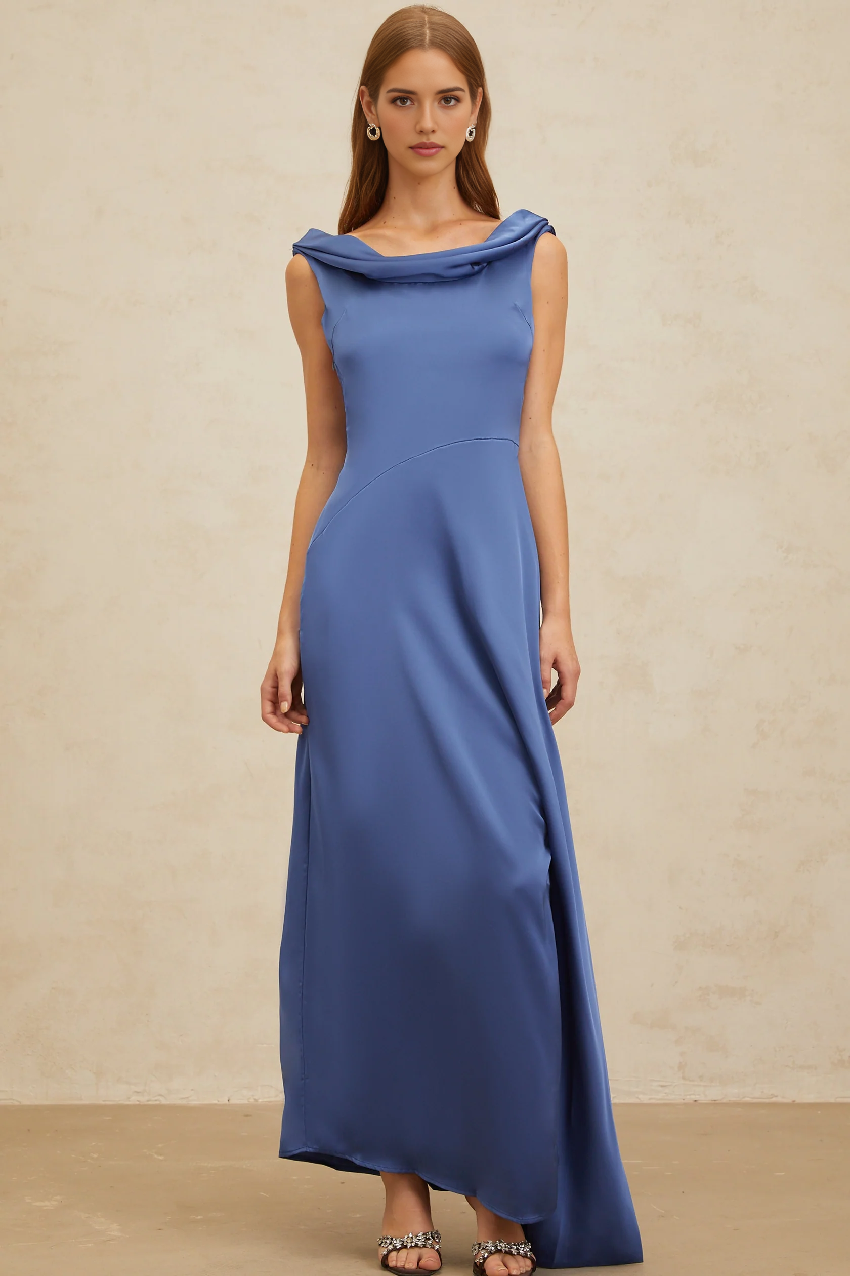 Blue Satin Cowl Neck Maxi Dress with Open Back Sapphire Open-Back Satin Maxi Dress Evening Dress by YiHuiw