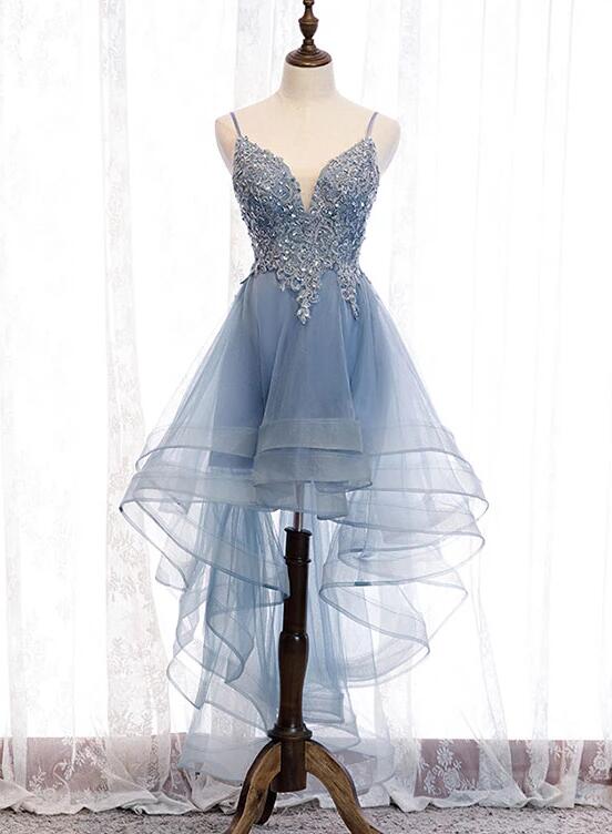 Blue High Low Tulle V-neckline Straps Party Dress with Lace, Cute Homecoming Dress by YiHuiw