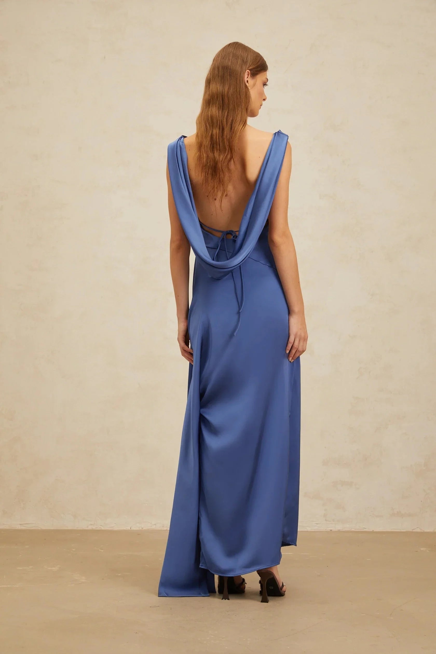 Blue Satin Cowl Neck Maxi Dress with Open Back Sapphire Open-Back Satin Maxi Dress Evening Dress by YiHuiw