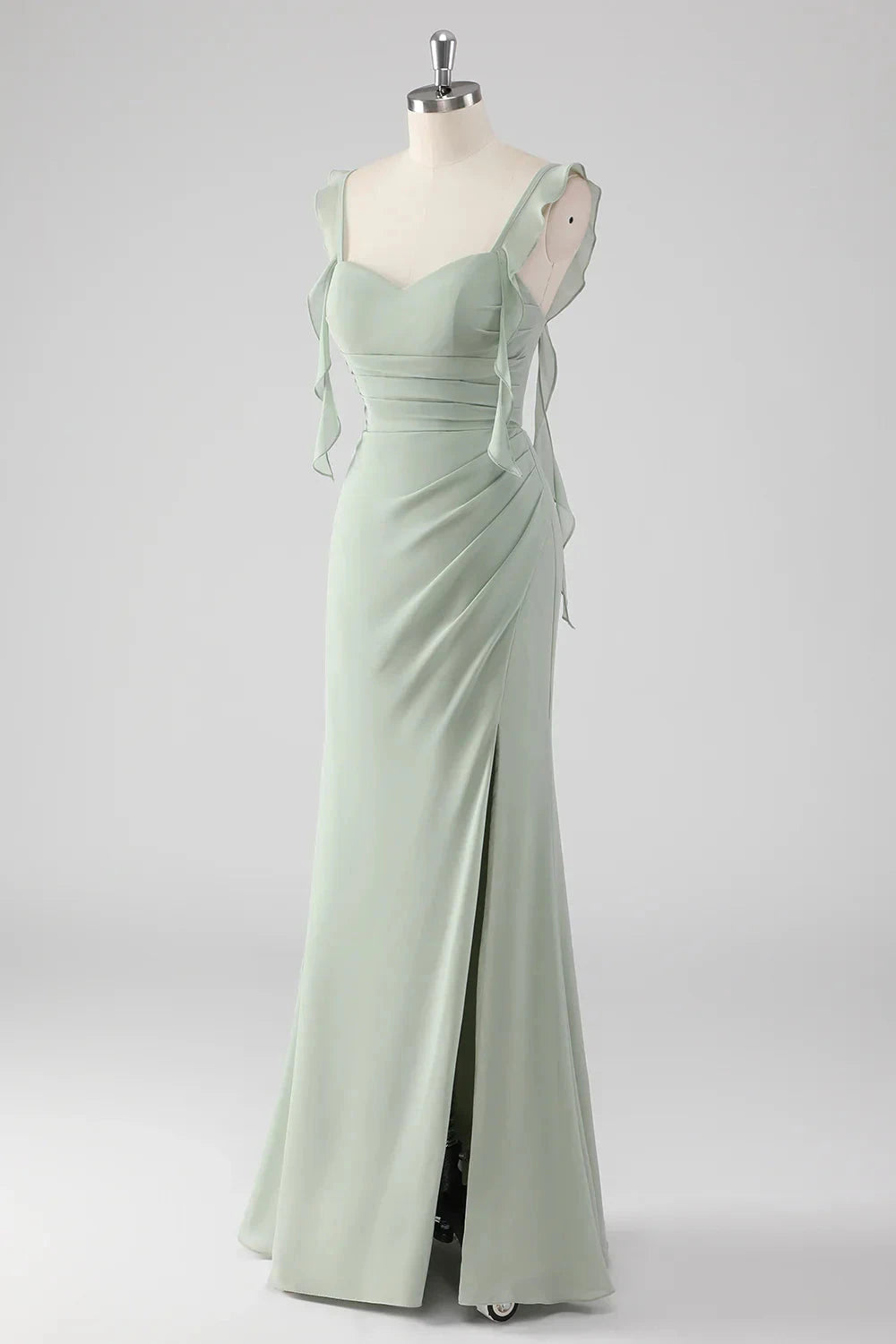 Sage Green Ruffled Sweetheart Neck Evening Gown Sage Green Ruffled Sheath Lace-Up Back Long Bridesmaid Dress with Slit Evening Dress by YiHuiw