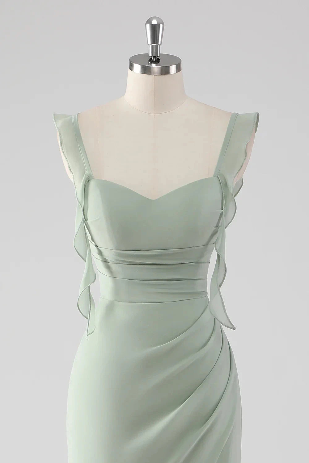 Sage Green Ruffled Sweetheart Neck Evening Gown Sage Green Ruffled Sheath Lace-Up Back Long Bridesmaid Dress with Slit Evening Dress by YiHuiw