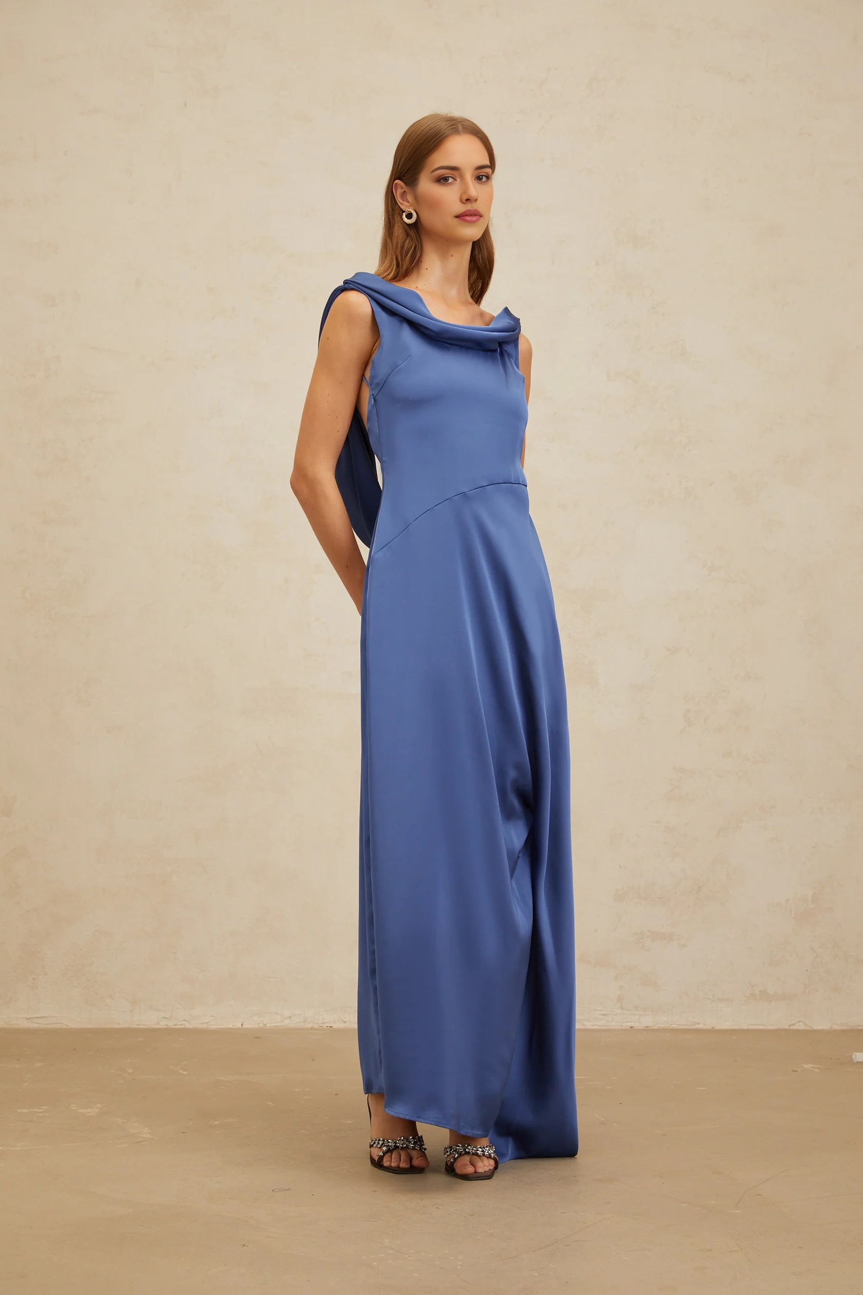 Blue Satin Cowl Neck Maxi Dress with Open Back Sapphire Open-Back Satin Maxi Dress Evening Dress by YiHuiw