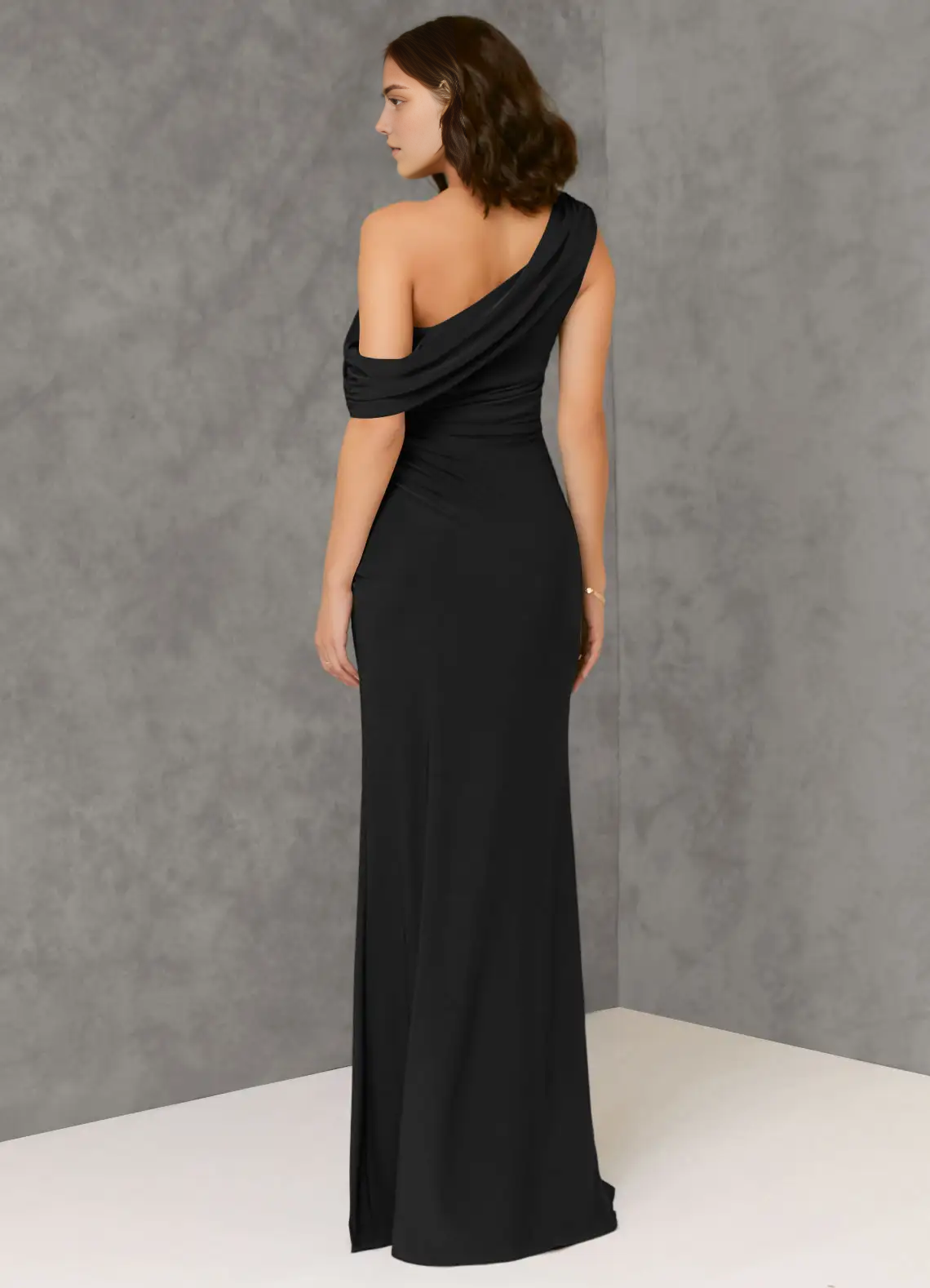 Black One-Shoulder Ruched Evening Gown with Side Slit Sheath One Luxe Knit Bridesmaid Dresses by YiHuiw