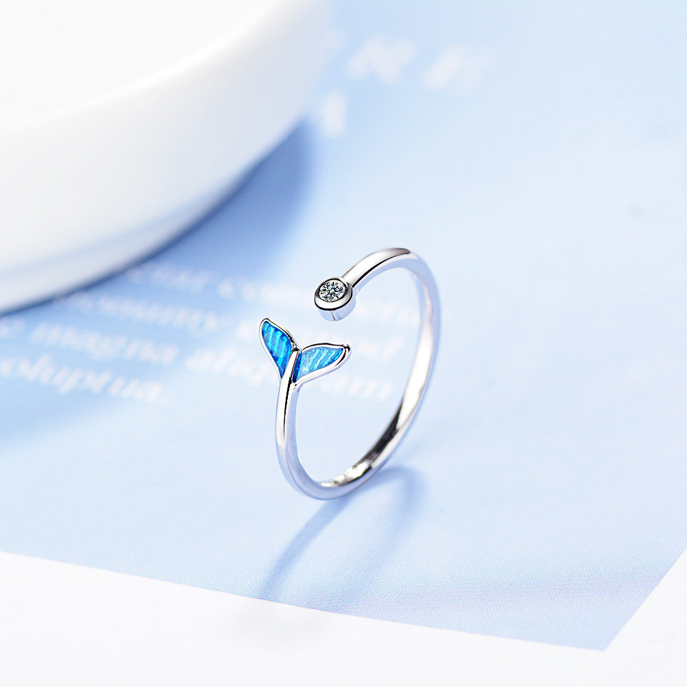 Trendy Silver Color Blue Mermaid Tail Cuff Ring with Cubic Zirco Sea Whale Fish Tail Bague Rings Romantic Gifts