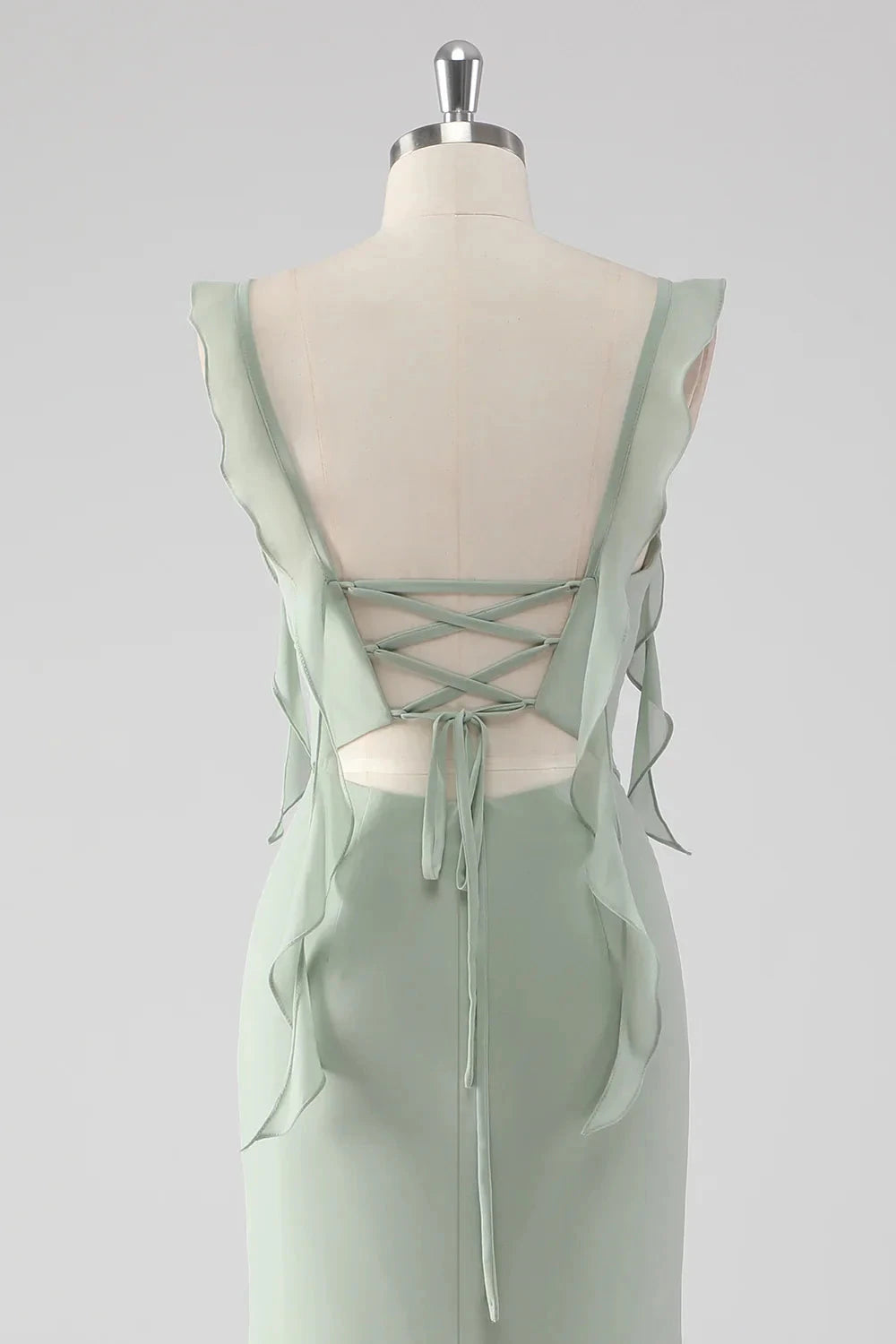 Sage Green Ruffled Sweetheart Neck Evening Gown Sage Green Ruffled Sheath Lace-Up Back Long Bridesmaid Dress with Slit Evening Dress by YiHuiw