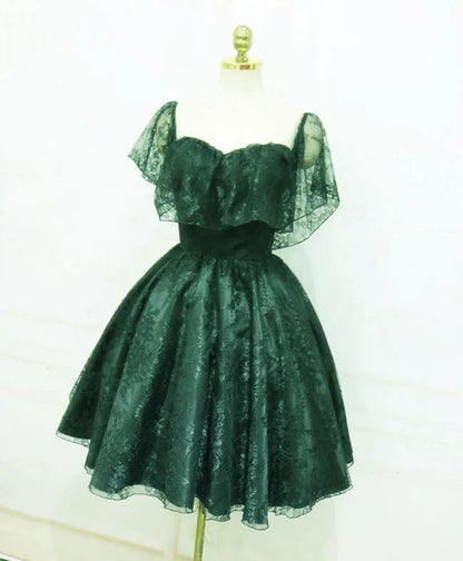 Beautiful Dark Green Lace Off Shoulder Short Party Dress, Lace Homecoming Dress by YiHuiw