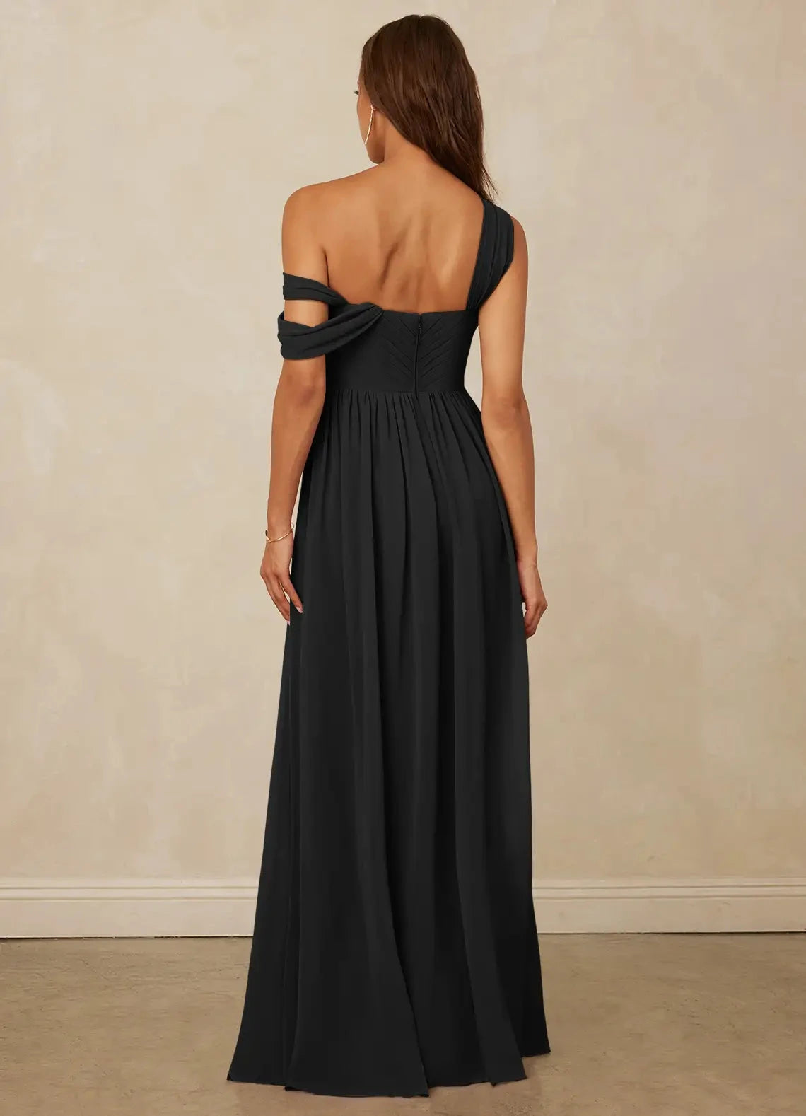 Black One-Shoulder Draped Maxi Dress with Side Slit A-Line Off the Shoulder Chiffon Dress Bridesmaid Dresses by YiHuiw