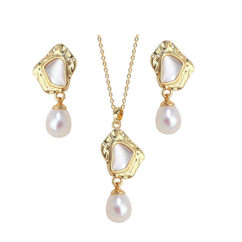 Natural Freshwater Pearl High-grade Mother Shell Earrings Baroque Style Suit