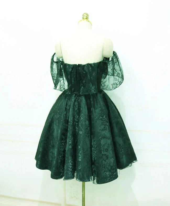 Beautiful Dark Green Lace Off Shoulder Short Party Dress, Lace Homecoming Dress by YiHuiw