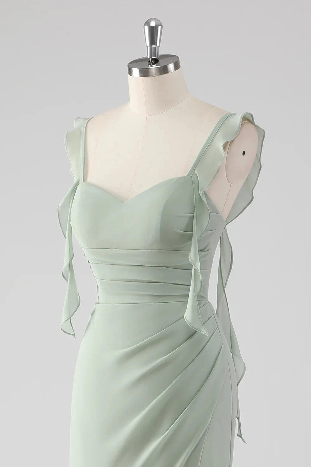 Sage Green Ruffled Sweetheart Neck Evening Gown Sage Green Ruffled Sheath Lace-Up Back Long Bridesmaid Dress with Slit Evening Dress by YiHuiw