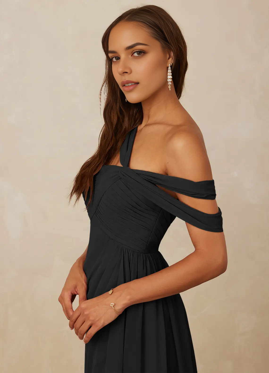 Black One-Shoulder Draped Maxi Dress with Side Slit A-Line Off the Shoulder Chiffon Dress Bridesmaid Dresses by YiHuiw