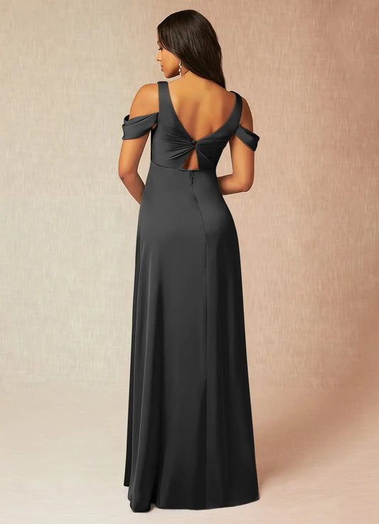 Black Cold-Shoulder Maternity Maxi Dress with Bow Back A-Line Off-The-Shouler Pleated Stretch Satin Floor-Length Dress black Bridesmaid Dresses by YiHuiw