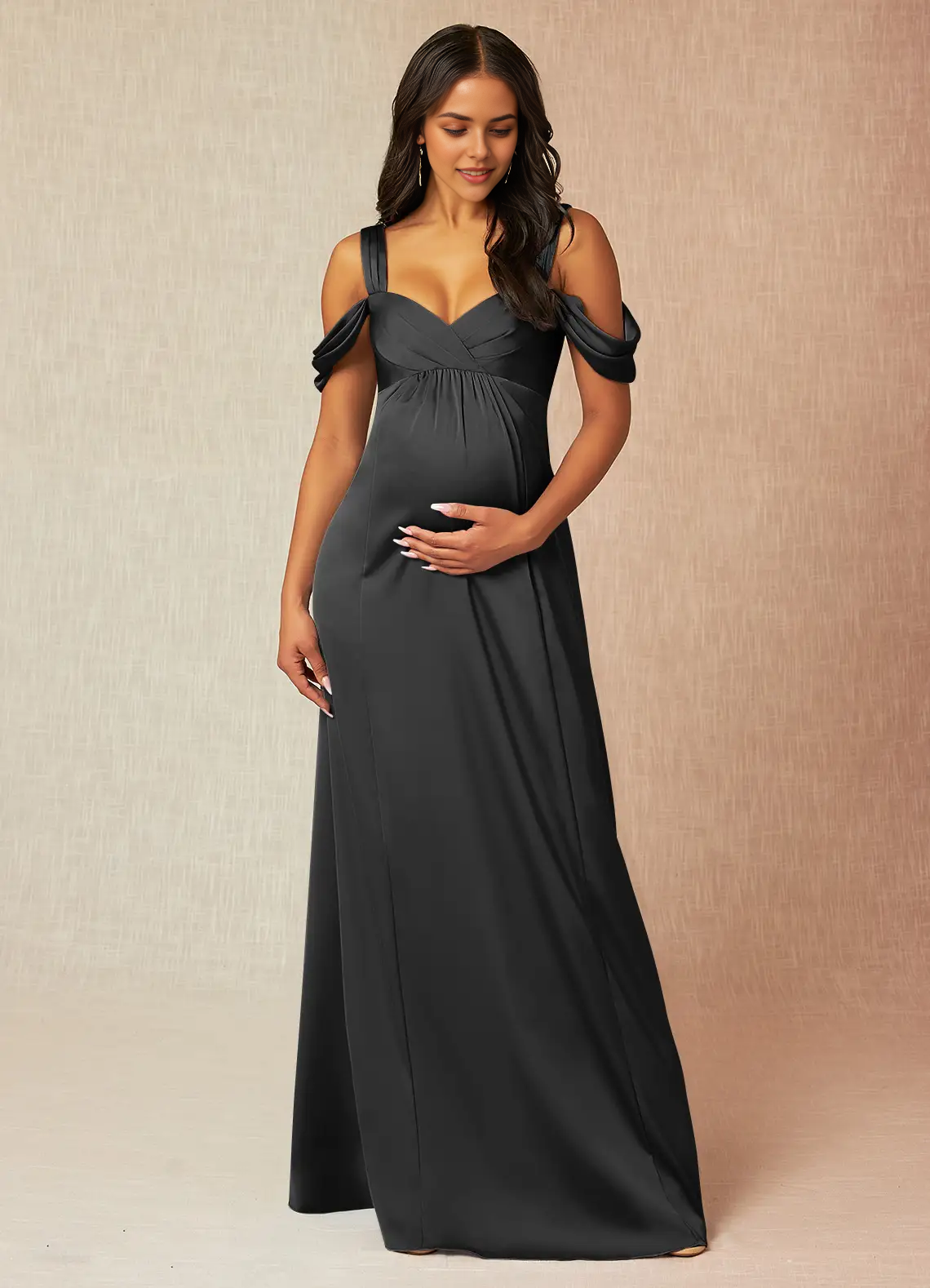 Black Cold-Shoulder Maternity Maxi Dress with Bow Back A-Line Off-The-Shouler Pleated Stretch Satin Floor-Length Dress black Bridesmaid Dresses by YiHuiw