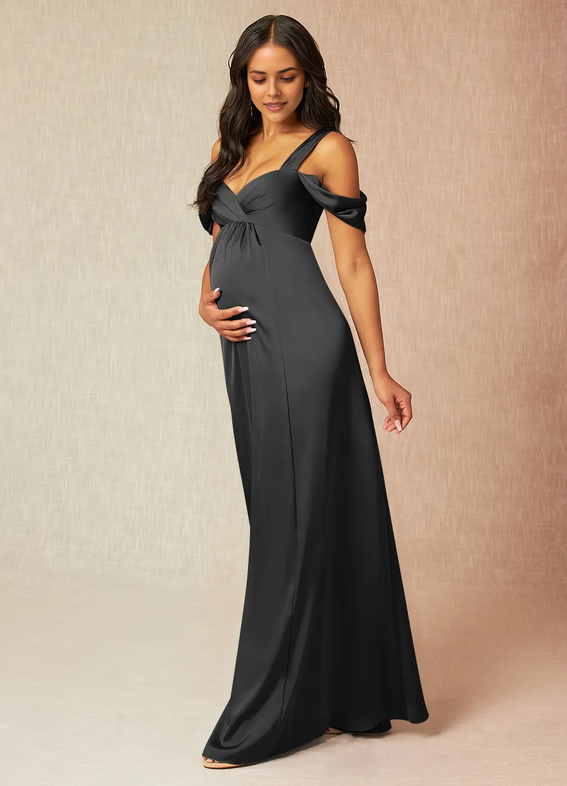 Black Cold-Shoulder Maternity Maxi Dress with Bow Back A-Line Off-The-Shouler Pleated Stretch Satin Floor-Length Dress black Bridesmaid Dresses by YiHuiw