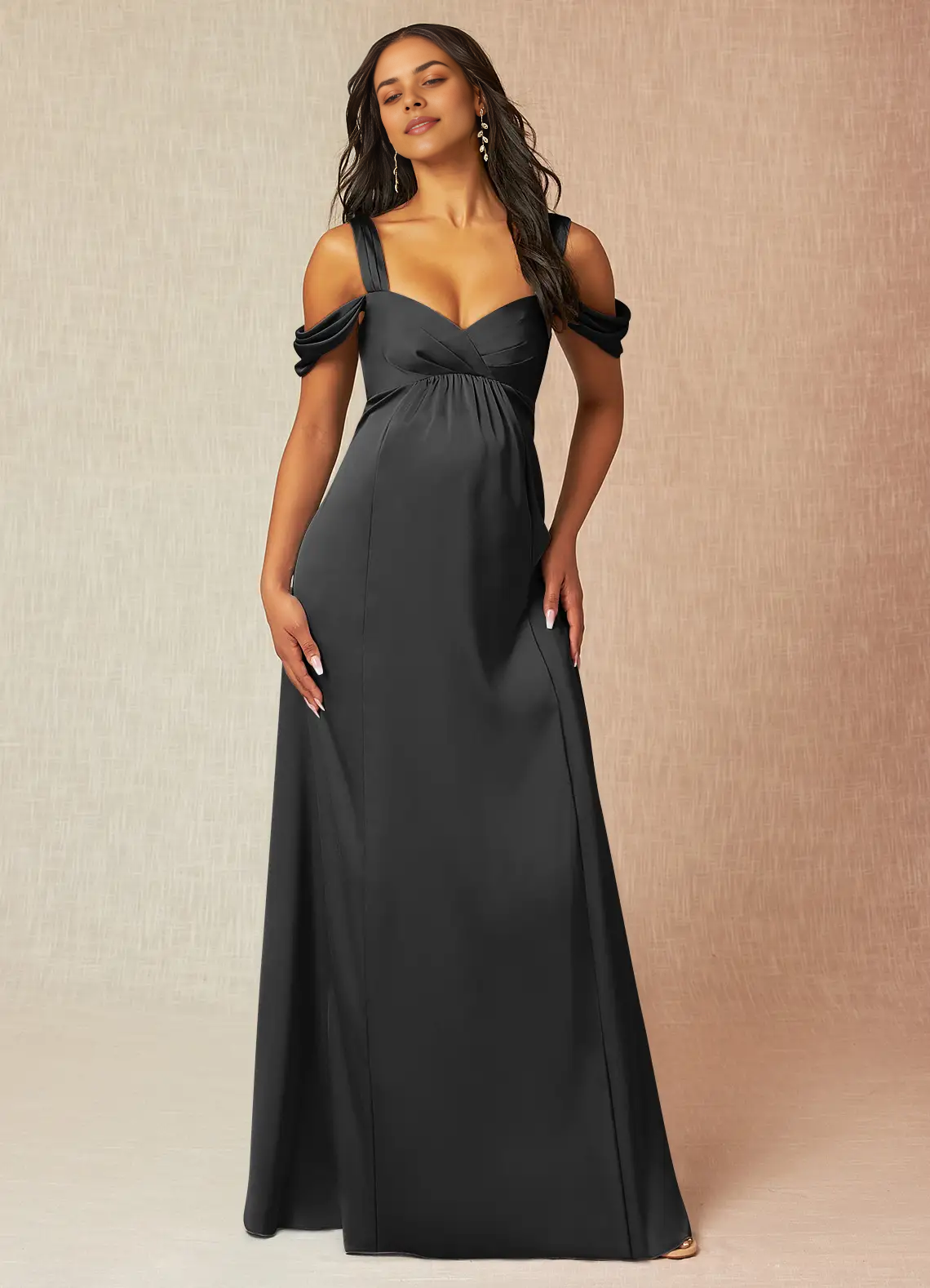 Black Cold-Shoulder Maternity Maxi Dress with Bow Back A-Line Off-The-Shouler Pleated Stretch Satin Floor-Length Dress black Bridesmaid Dresses by YiHuiw