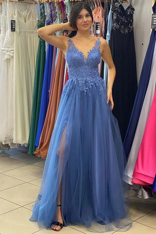 Dusty Blue Tulle Prom Dress with Lace Appliqué Bodice and Spaghetti Straps