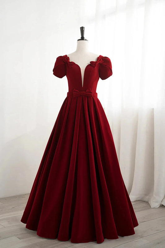 Burgundy Velvet Velvet Long Prom Dress Cute Short Sleeve Party Dress simple gentle atmospheric and unique desi Bring summer colors to enhance white by YiHuiw