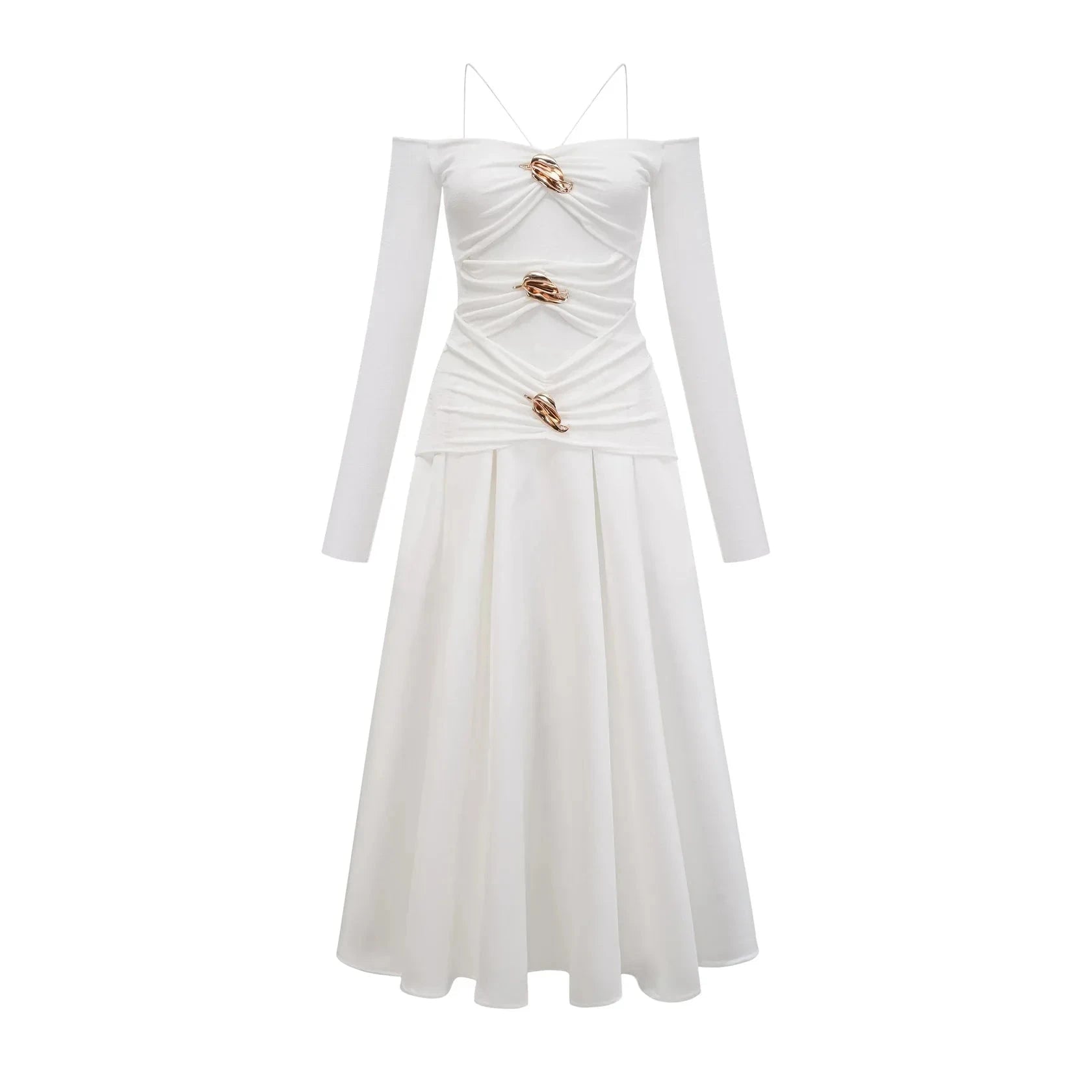 White Off - Shoulder Maxi Dress with Gold Accents Nadine off-shoulder panelled maxi dress in White by YiHuiw