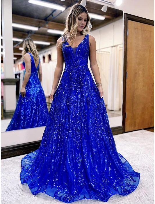 A-Line Prom Dresses Sparkle & Shine Dress Formal Wedding Party Floor Length Sleeveless V Neck Sequined V Back with Sequin by YiHuiw