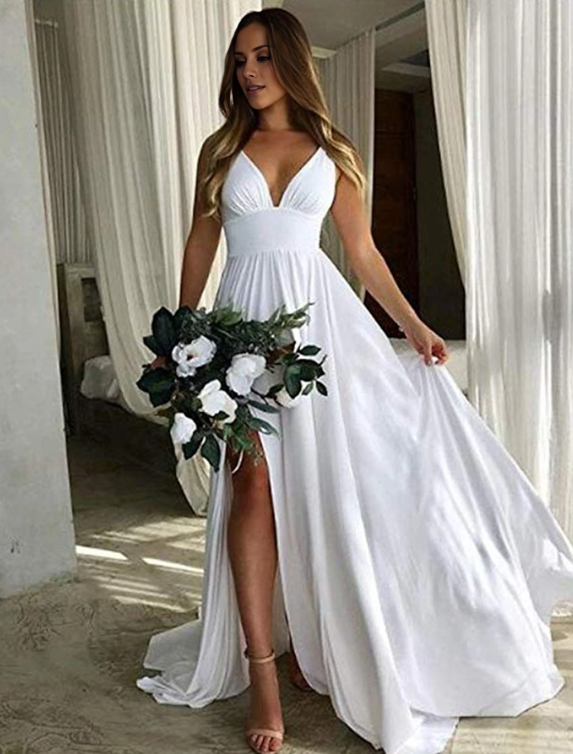 A-Line Bridesmaid Dress Plunging Neck Sleeveless Furcal Floor Length Chiffon with Pleats / Split Front by YiHuiw