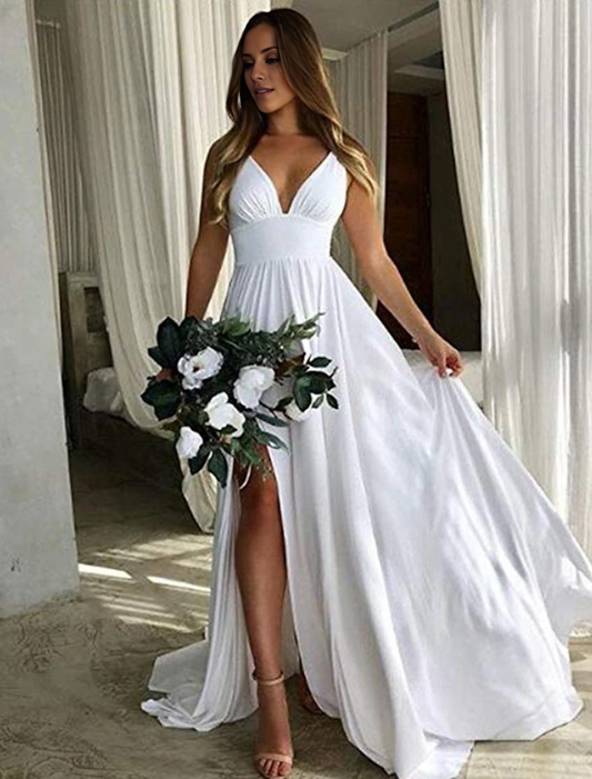 A-Line Bridesmaid Dress Plunging Neck Sleeveless Furcal Floor Length Chiffon with Pleats / Split Front by YiHuiw
