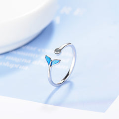 Trendy Silver Color Blue Mermaid Tail Cuff Ring with Cubic Zirco Sea Whale Fish Tail Bague Rings Romantic Gifts