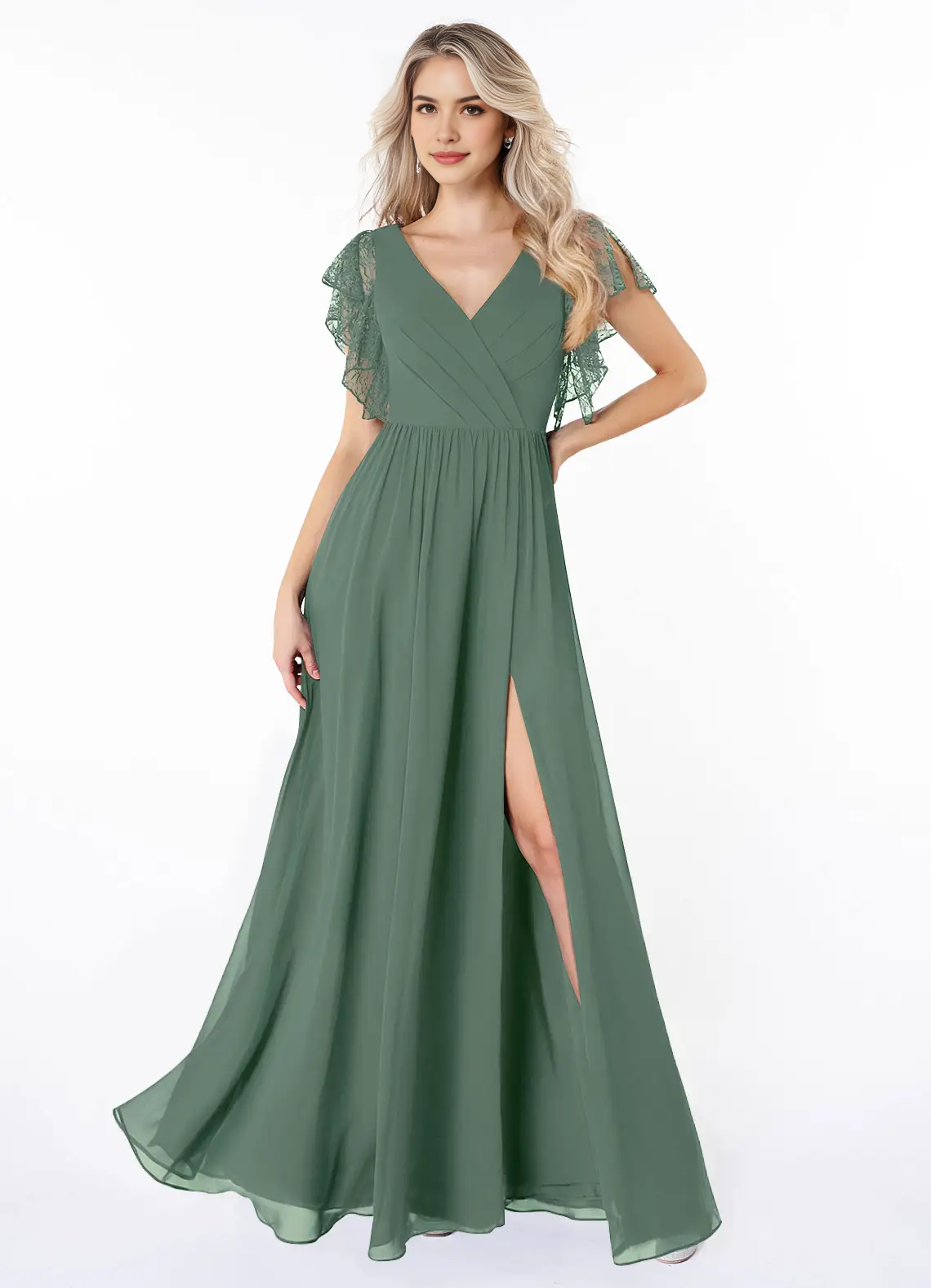 Sage Green Lace Flutter Sleeve Maxi Dress with Side Slit A-Line Lace Chiffon Dress Bridesmaid Dresses by YiHuiw